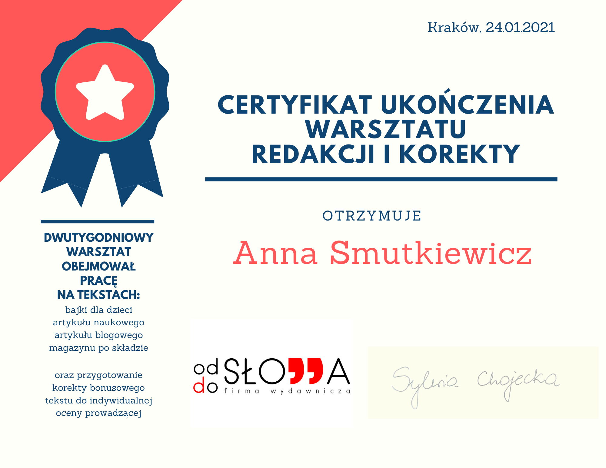 S. Chojecka Certyfikat